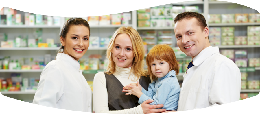 two pharmacists and a customer holding a child